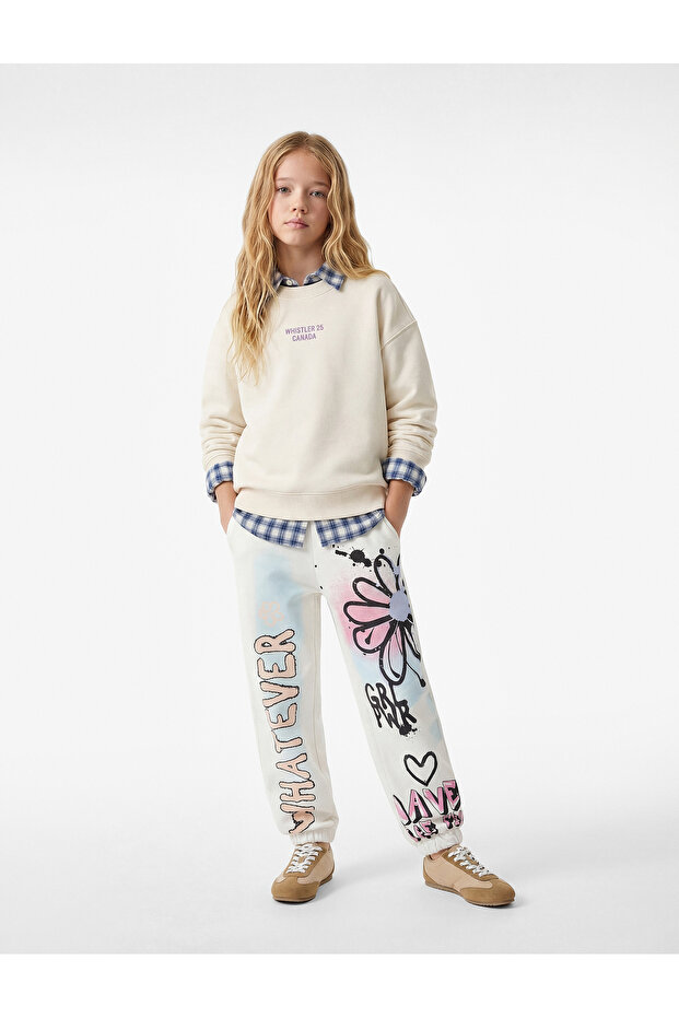 Printed Jogger Sweatpants with Raised Waist and Elastic Waistband