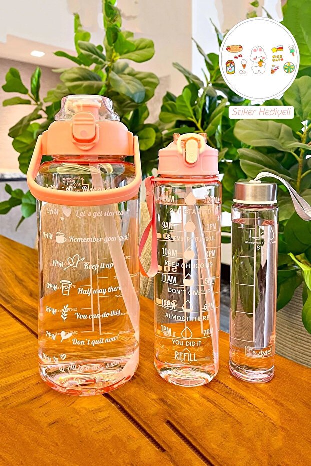 3-Piece Motivational Unscented Stickered Sports Water Bottle with Straw Portable Soft Orange Water Bottle Set