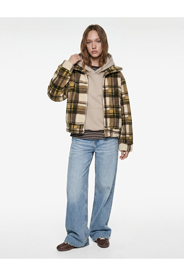 Pocketed Zippered Long Sleeve Comfortable Fit Mock Neck Plaid Plush Cardigan