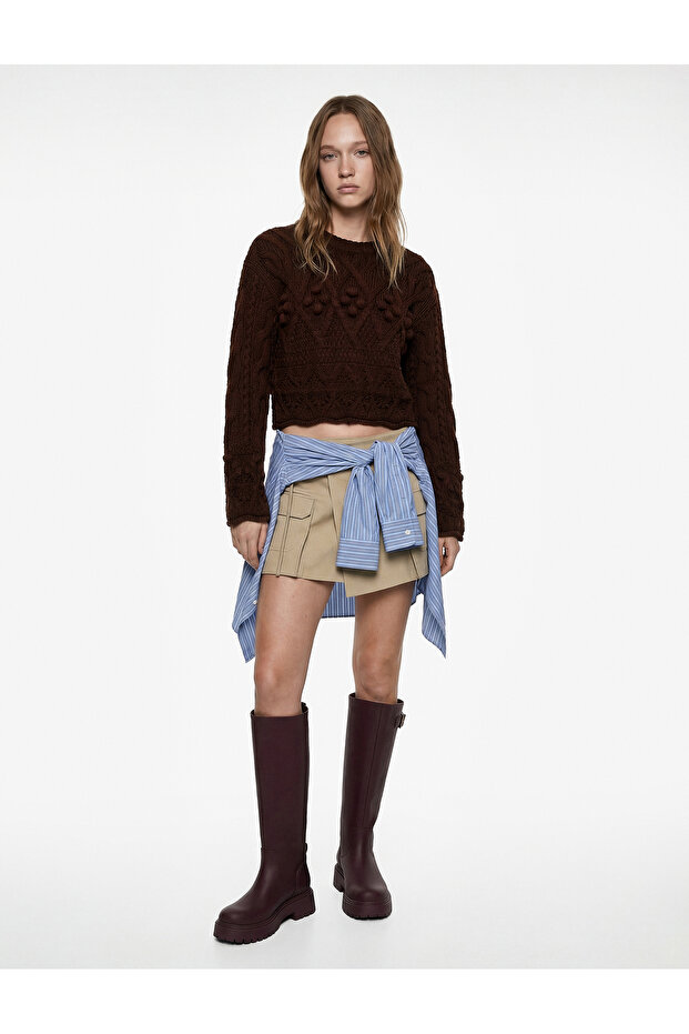 Crew Neck Long Sleeve Knit Textured Knitwear Crop Sweater