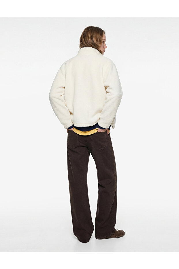 Mock Neck Zipper Pocket Detailed Oversized Plush Jacket