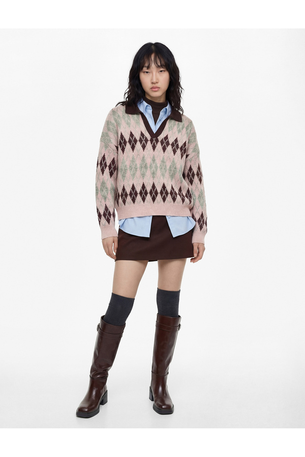 Regular Fit Long Sleeve Polo Neck Jacquard Knit Sweater