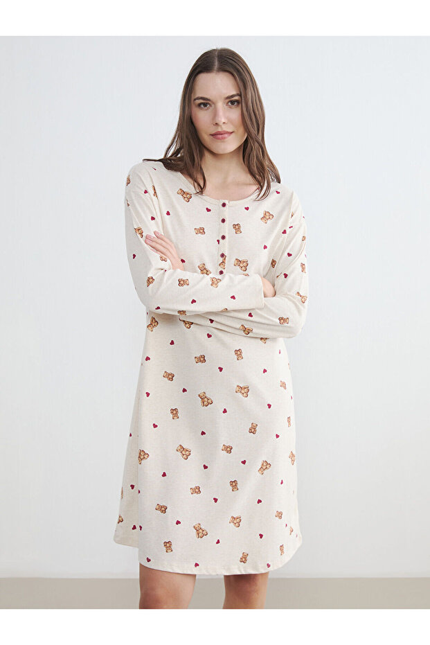 Crew Neck Bear Teddy Patterned Maternity Nightgown
