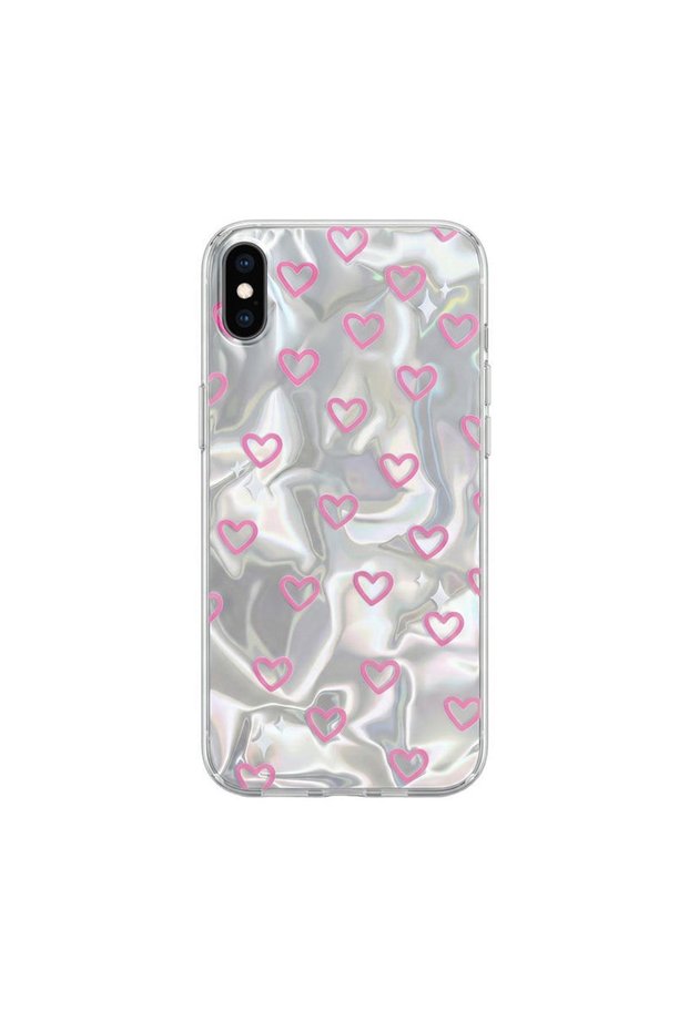 Apple iPhone XS Compatible Case Heart Patterned Silicone Case Pink
