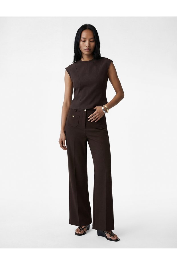 High Waist Wide Leg Pants with Applique Pocket Detail