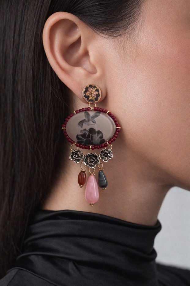Noir Flora Asymmetric Dangle Earrings for Women – Bohemian and Artistic Design