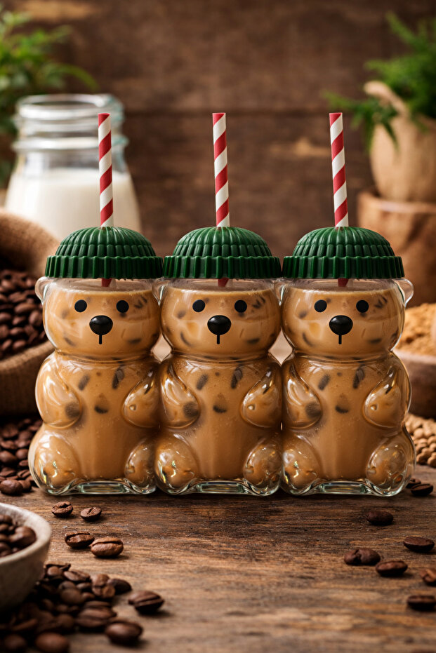 3-Pack Barista Glass Cold Drink Cup with Cute Teddy Bear Bearista Cup 550 ml