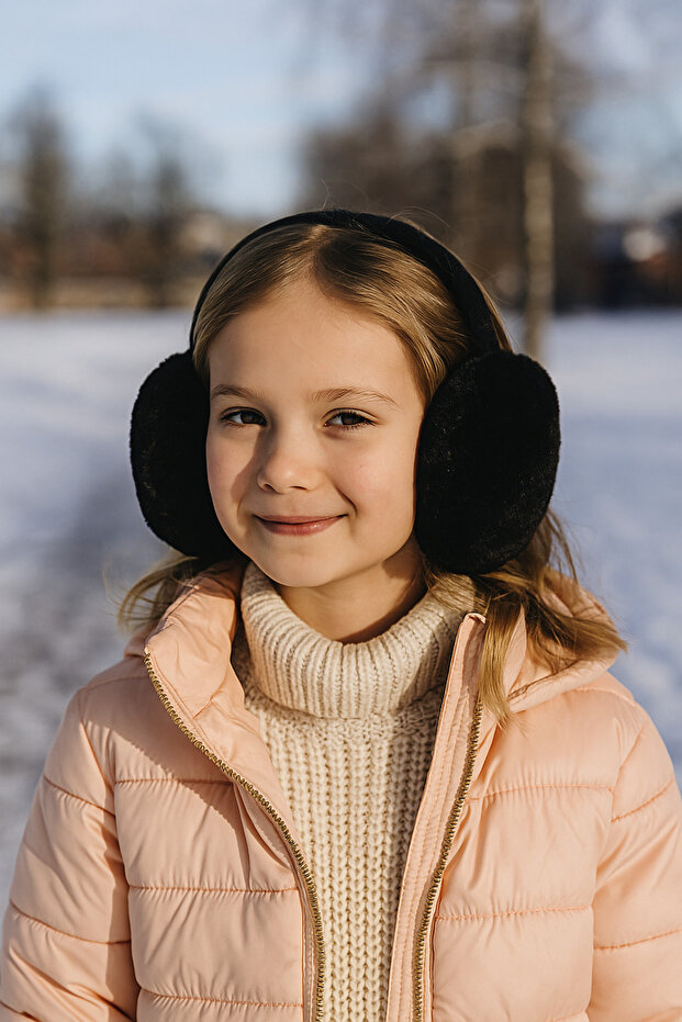 Plush Foldable Black Children's Furry Headphones Extra Protection Against Cold Klk01