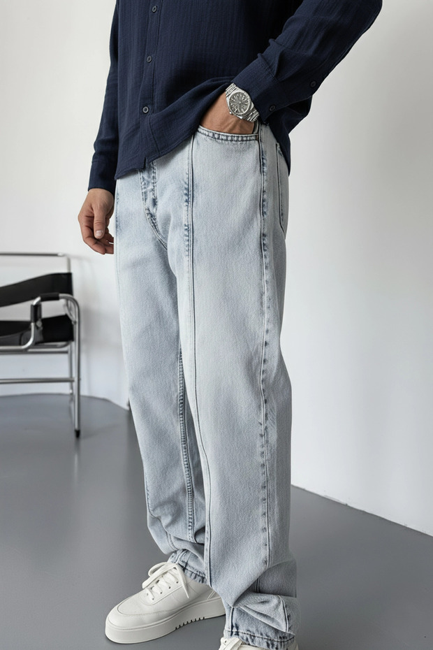 Men's Ice Blue Baggy Washed Design Jean Jeans with Stitching Detail
