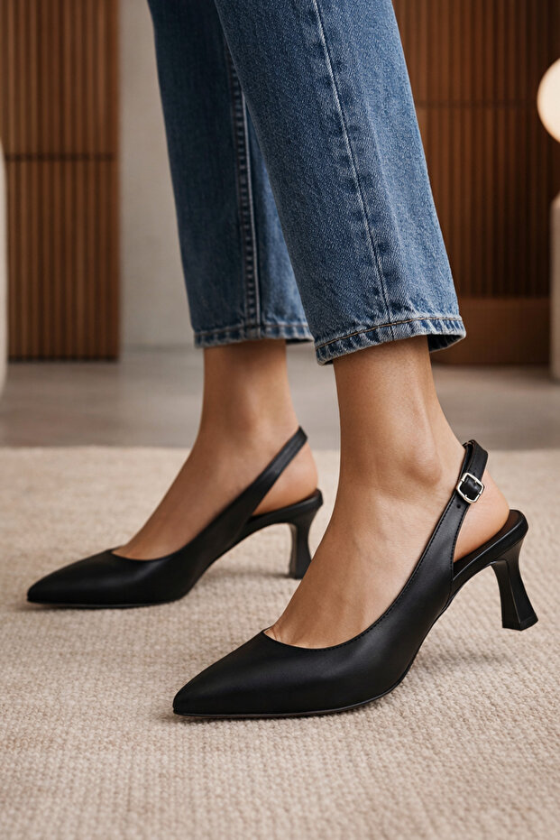 Women's Heeled Shoes with Open Back Buckle and Pointed Toe