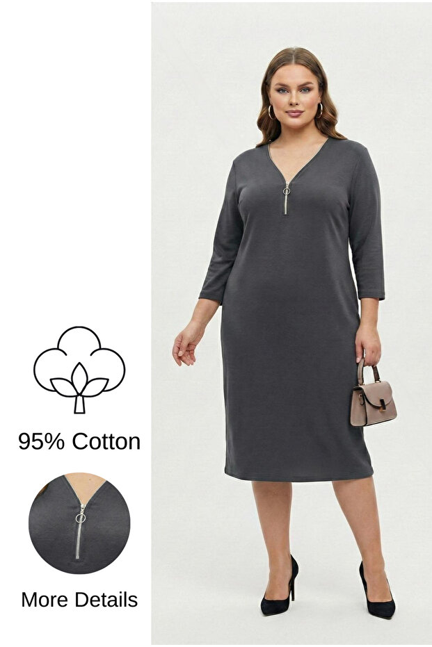 Women's Plus Size Zipper Collar Three Quarter Sleeve Cotton Dress 5440-26