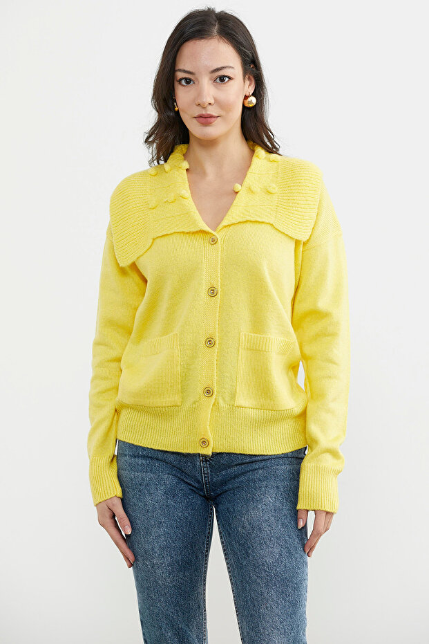 Wide Collar Pocket Knitwear Cardigan - Yellow