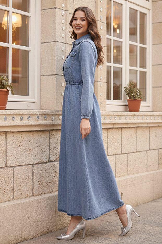 6952 Džínové šaty s elastickým pasem Modré - 4