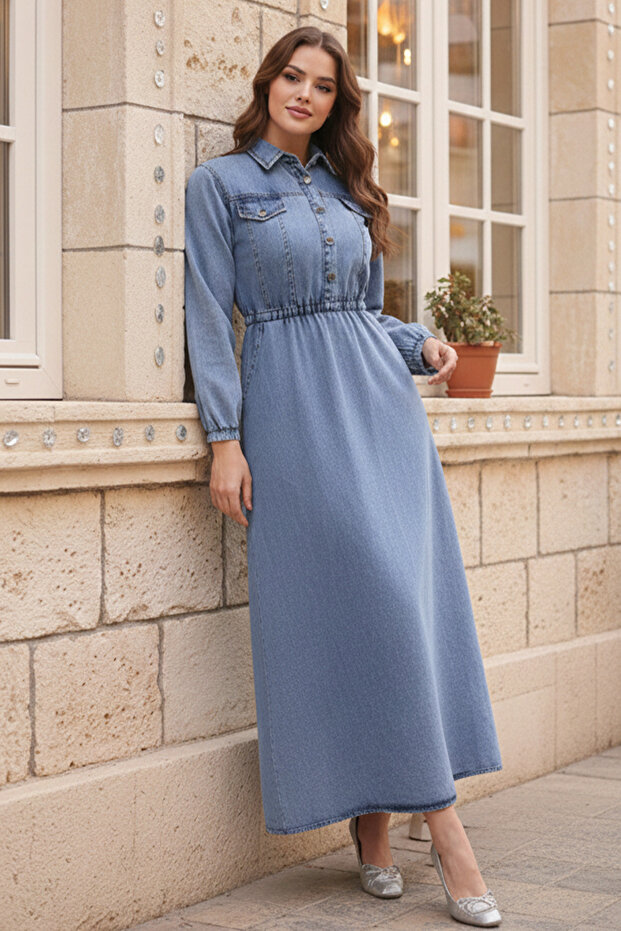 6952 Džínové šaty s elastickým pasem Modré - 1