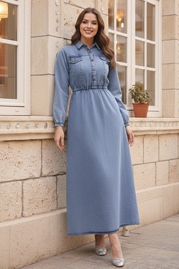 6952 Džínové šaty s elastickým pasem Modré - 3