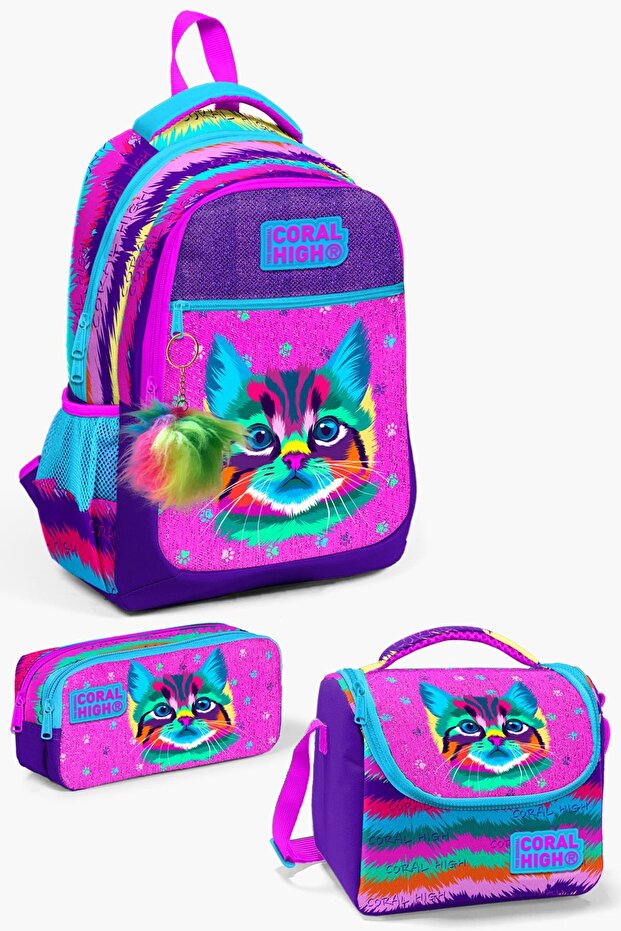 Kids Purple Pink Cat Patterned 3-Piece School Bag Set SET0123477