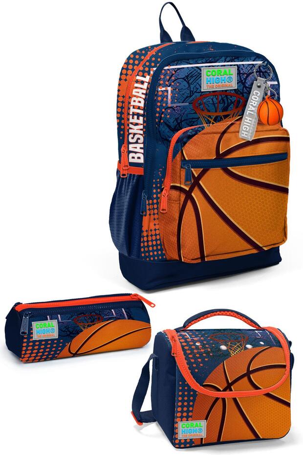Kids Orange and Navy Basketball Patterned 3-Piece School Bag Set SET0123766