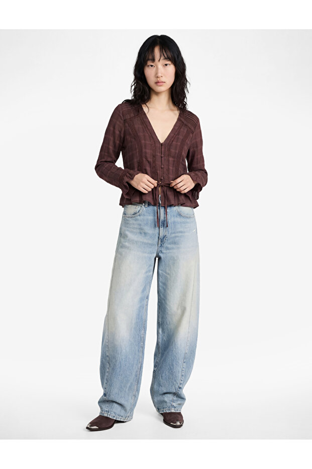 Long Sleeve V-Neck Blouse with Buttoned Tie Detail