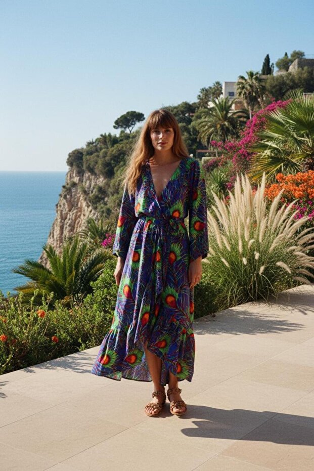 PEACOCK BOHO STİL VİSKON ELBİSE - mor - 1