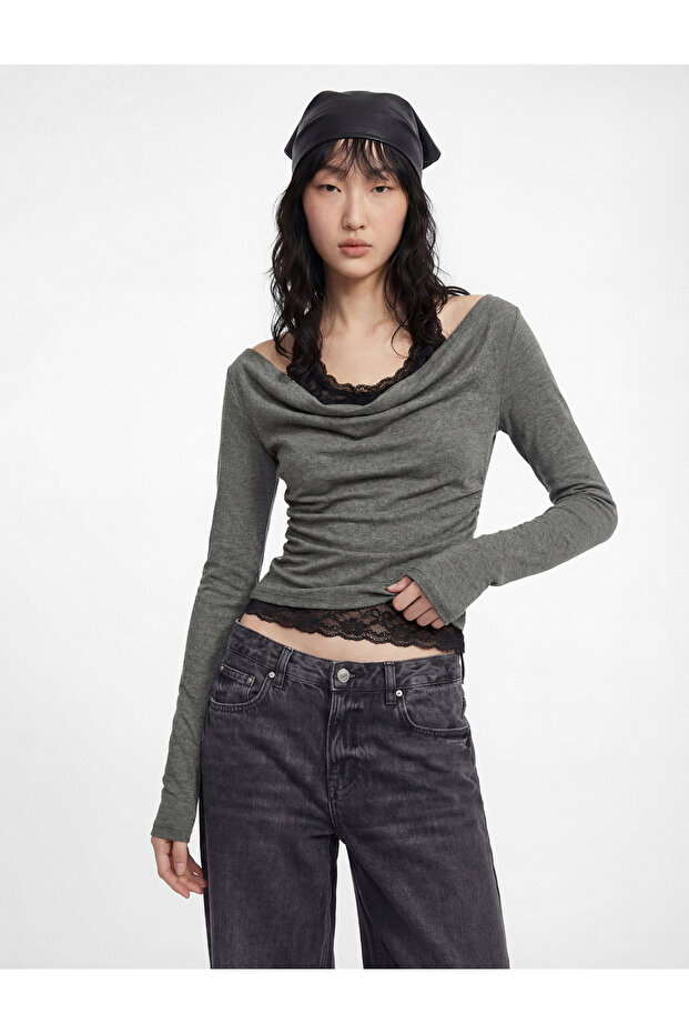 Halter Neck Lace Detailed Slim Fit Long Sleeve T-Shirt