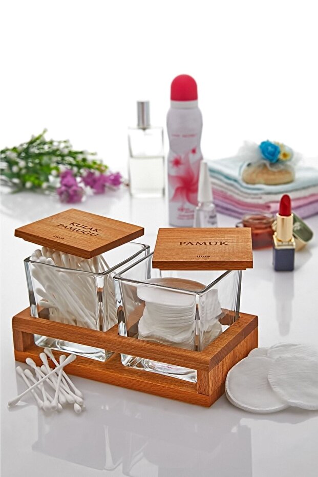 2' Bud and Cotton Jar with Stand Glass Cotton Box, Decorative Glass Cotton Box
