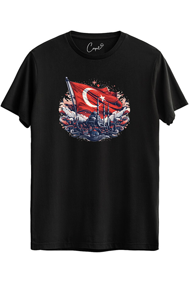 Cotton Pcs Istanbul Turkish Flag B Printed Black National T-Shirt