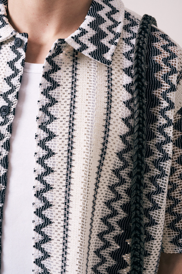 Etnik Desenli Oversize Örme Gömlek - 3