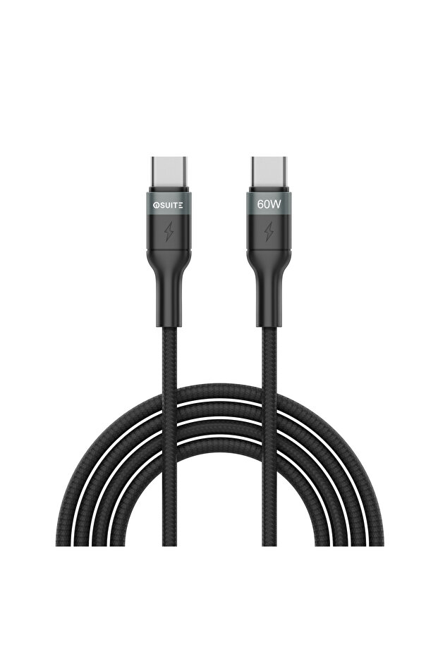 كابل USB-C إلى USB-C للشحن السريع بقدرة 60 واط، طوله 1.2 متر، رأس من سبائك الألومنيوم المضفرة - أسود