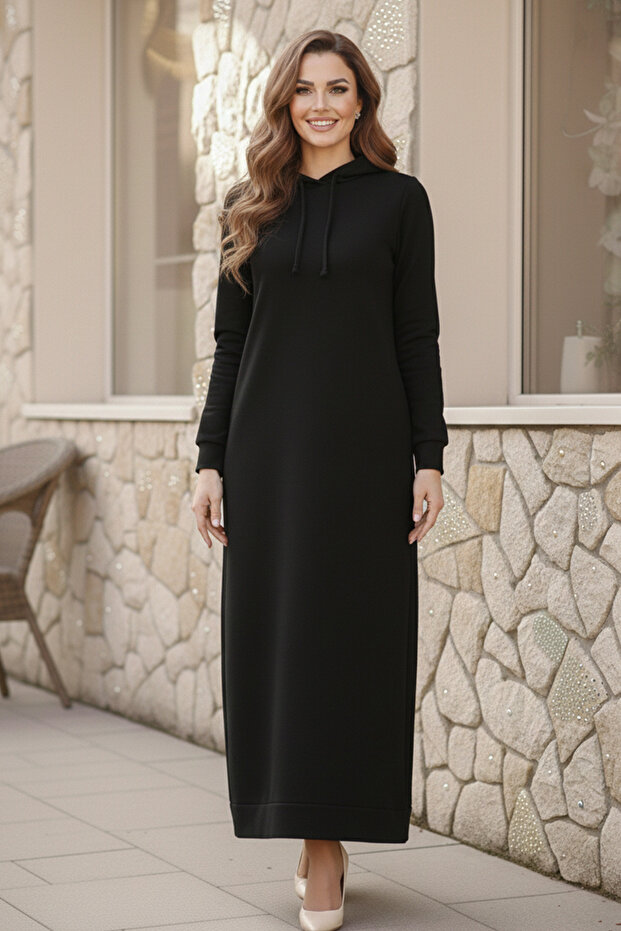 Kapüşonlu Basic Elbise 5042 Siyah - 1