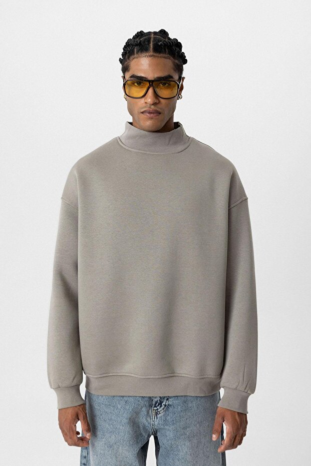 Basıc Oversize Balıkçı Yaka Sweatshirt Haki - 2