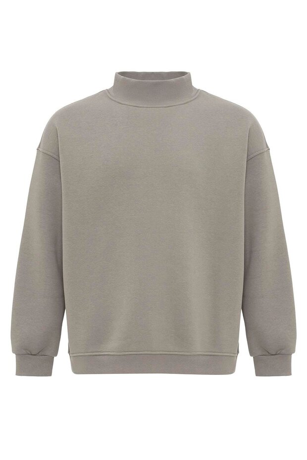 Basıc Oversize Balıkçı Yaka Sweatshirt Haki - 6