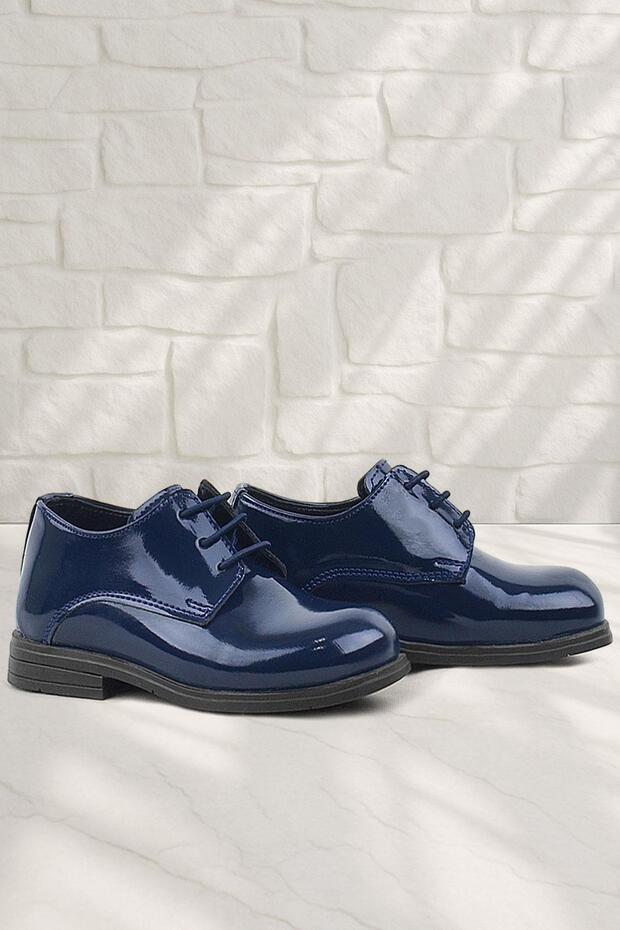 Navy Blue Patent Leather Rubber Laced Oxford Baby Shoes