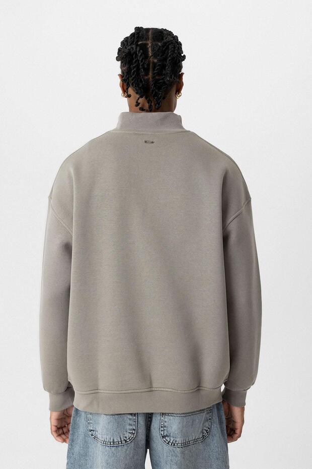 Basıc Oversize Balıkçı Yaka Sweatshirt Haki - 3