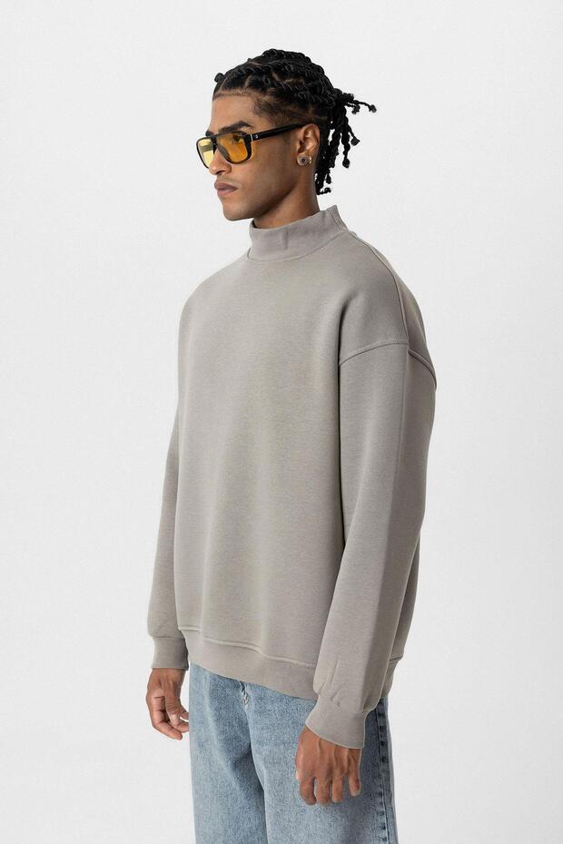Basıc Oversize Balıkçı Yaka Sweatshirt Haki - 5