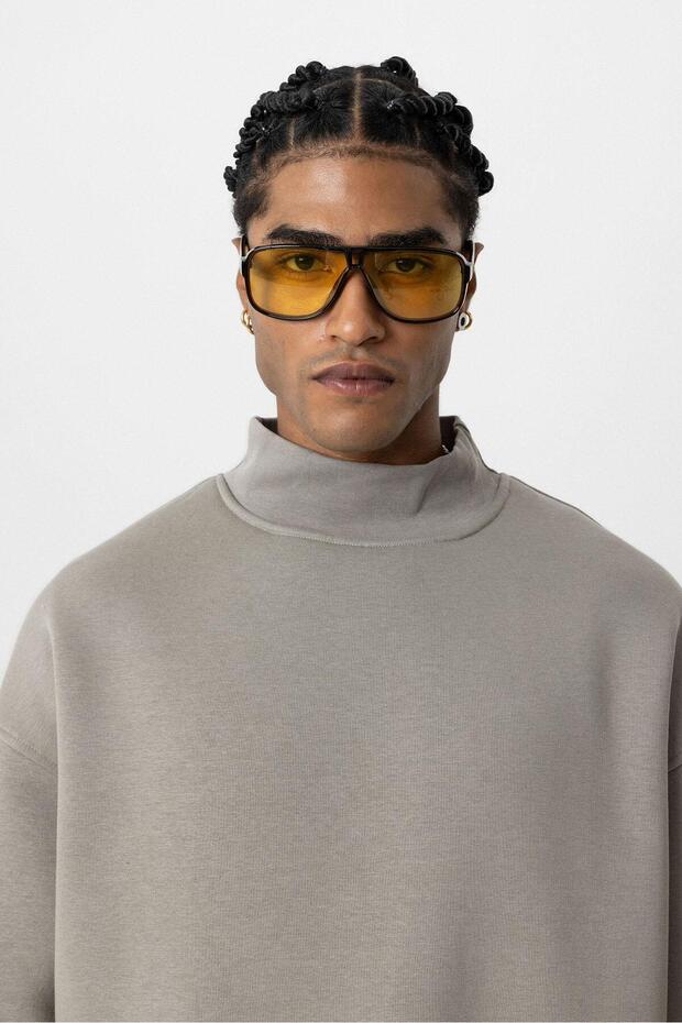 Basıc Oversize Balıkçı Yaka Sweatshirt Haki - 4