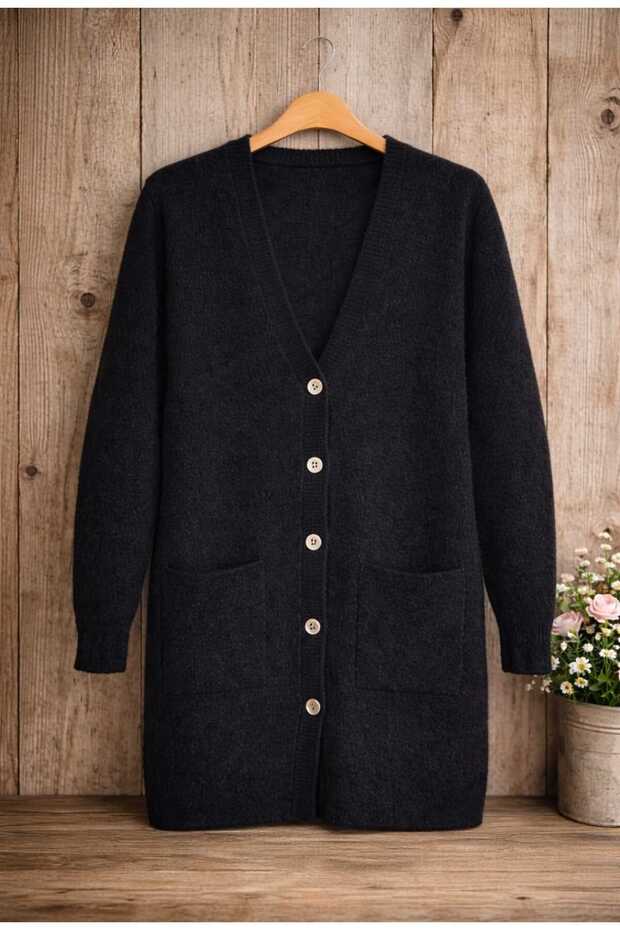 Women's Double-Pocketed, Fuzzy Cardigan with a Beard Design -0370