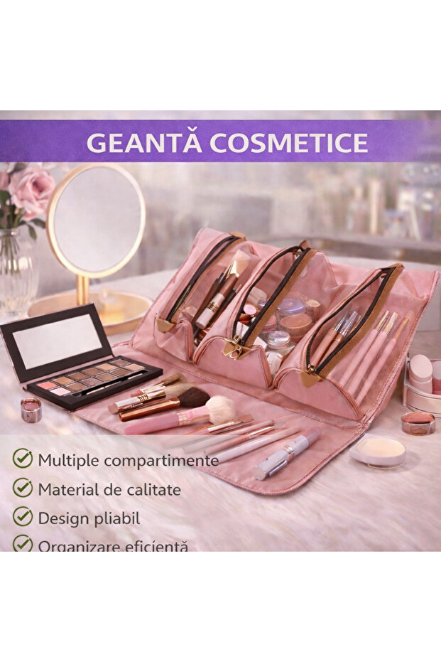 Foldable and Portable Makeup Bag, Multifunctional, Polyester, Pink - 1