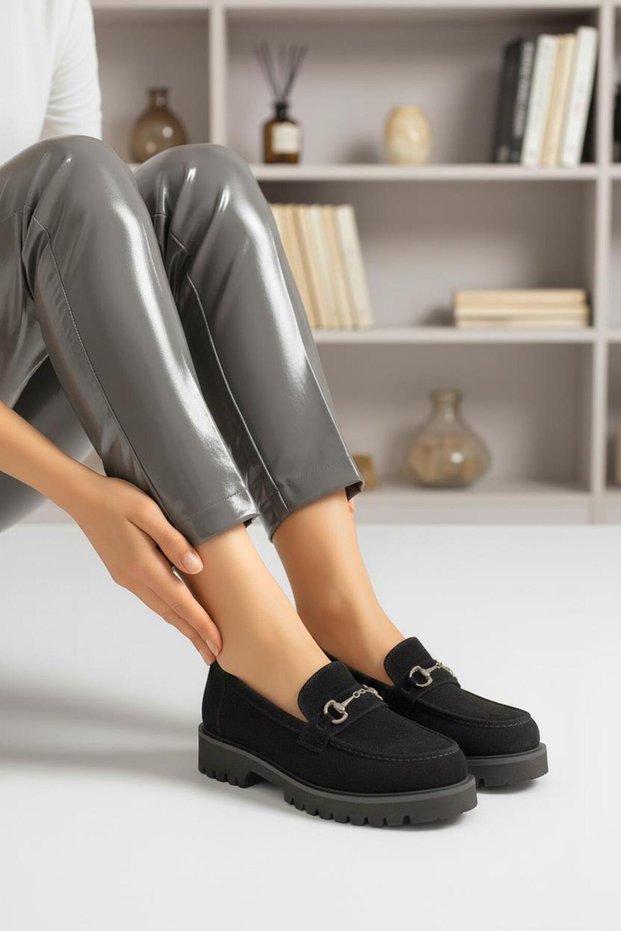LARGE SIZE WOMEN'S LOAFER SHOES GENUINE LEATHER BLACK SUEDE