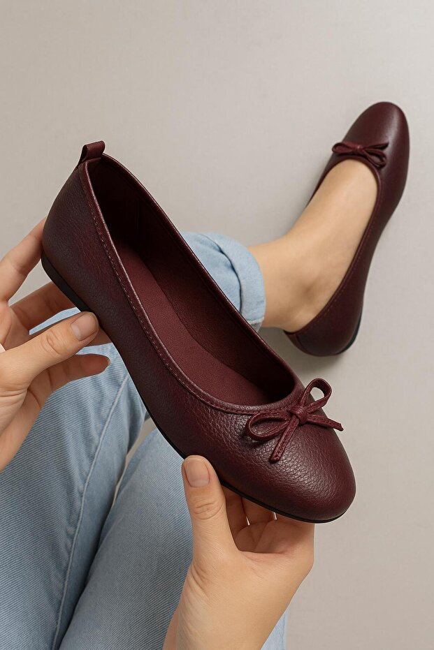 Claret Red Leather Ballerinas - 41-42-43-44 Model Large Size Genuine Leather