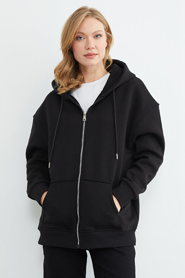 Hanorac oversize cu glugă și fermoar, cu 3 fire, model Basic - 2