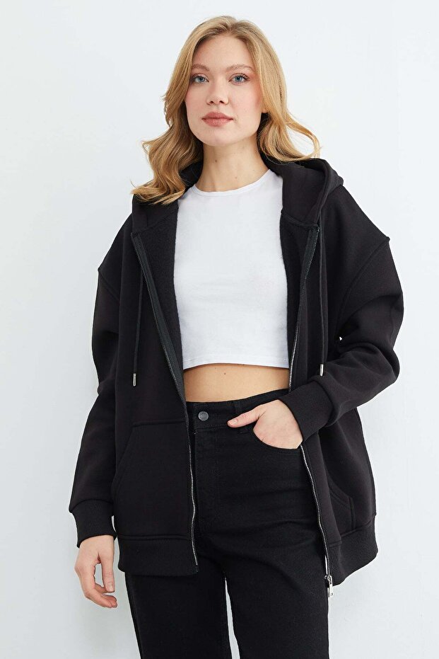 Hanorac oversize cu glugă și fermoar, cu 3 fire, model Basic - 4