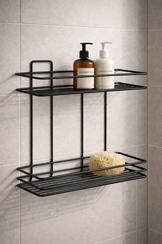 Lifetime Stainless Wall Adhesive 2 Tiers Bathroom Flat Shampoo Holder Organizer Black