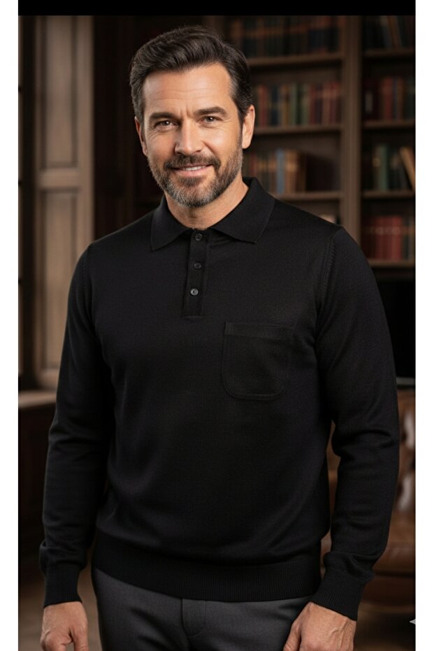 Classic Woolen Men's Sweater with Collar Pockets