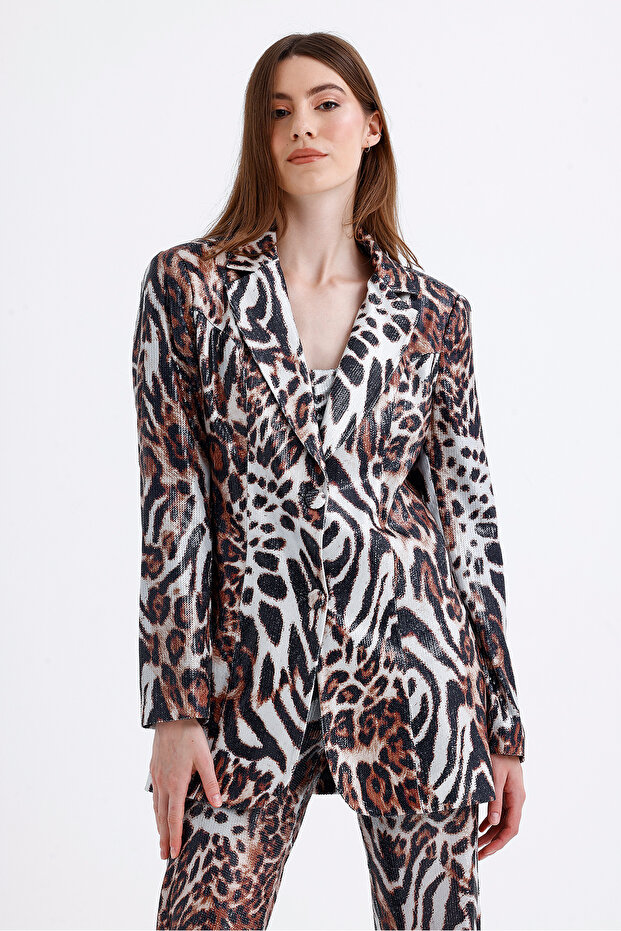 فستان سهرة منقوش مبطن من الداخل مع سترة مزينة بالترتر |   CKT34264 كابلان - 3