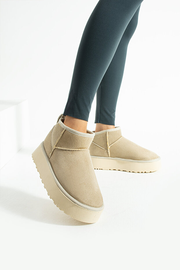 Bej Süet İçi Yünlü Kalın Taban Bot - 1