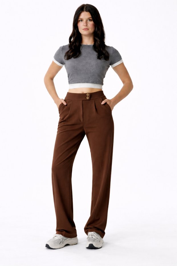 Women's Brown High Waist Palazzo Pants – Wide Leg Stylish Office & Casual Model