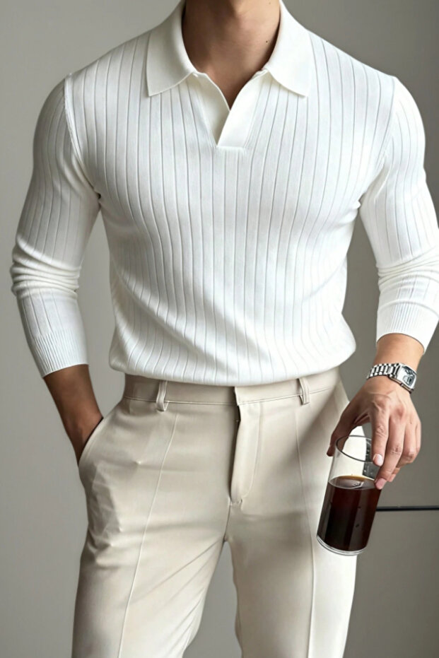 Men's White Polo Neck Ribbed Knitwear Sweater
