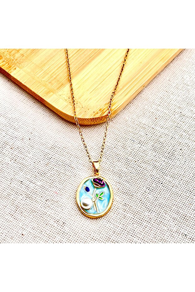 İncili Gül Model Çelik Kolye - 3