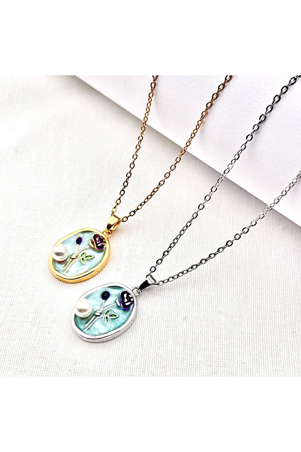 İncili Gül Model Çelik Kolye - 8