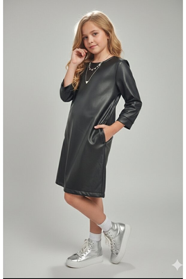 Girl's Pocket Ribbed Leather Dress
